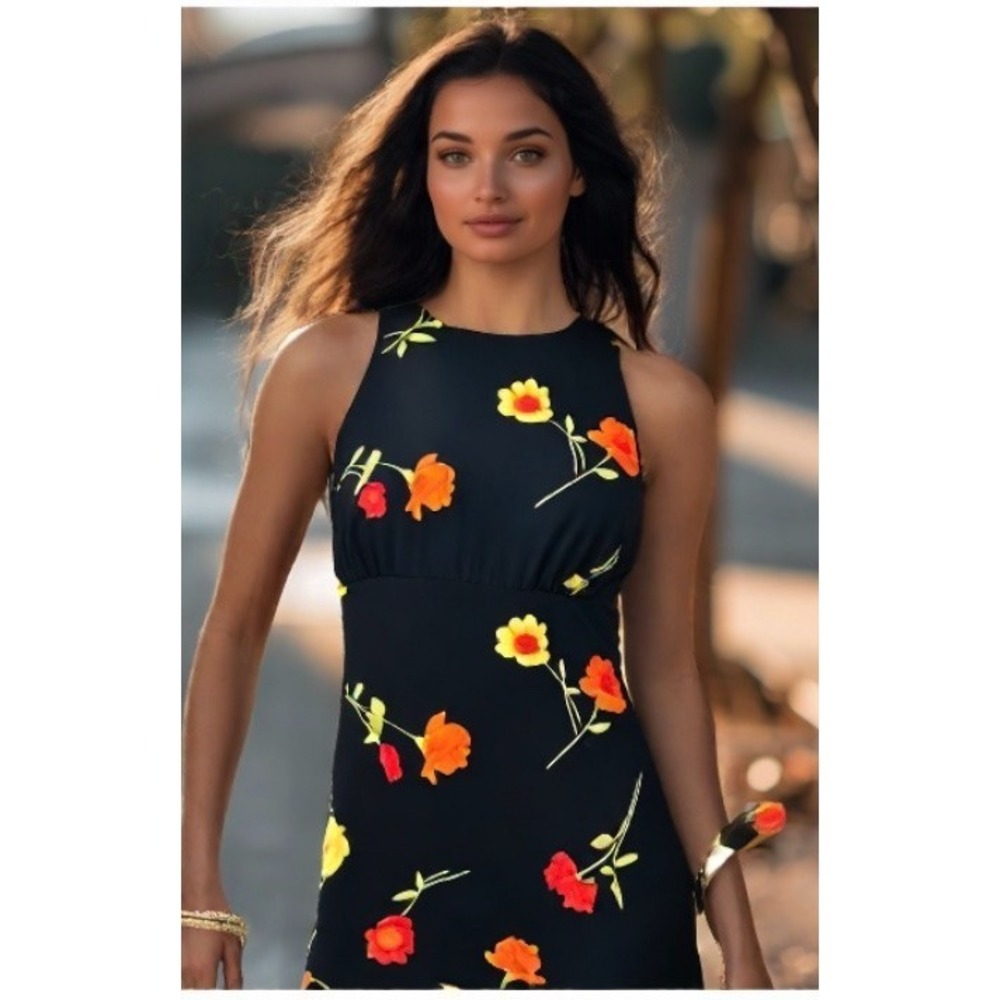 90s La Belle Maxi Dress Women Size Large Floral Black Whimsigoth Sleeveless USA
